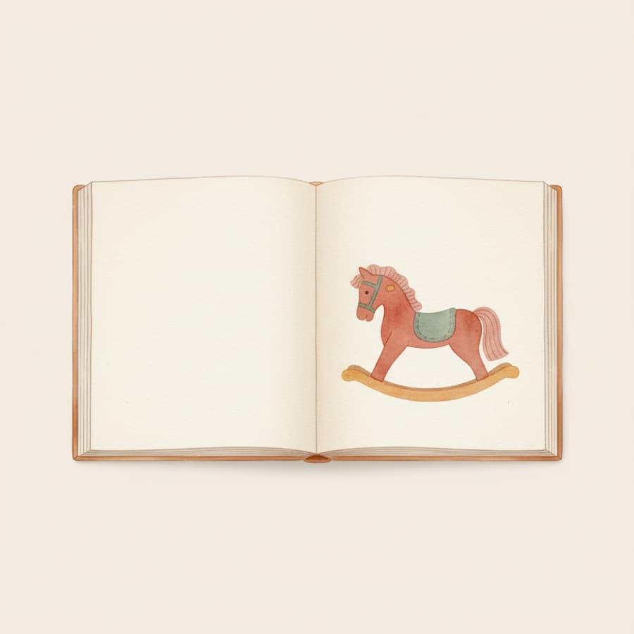 Watercolour of an open picture book with a rocking horse