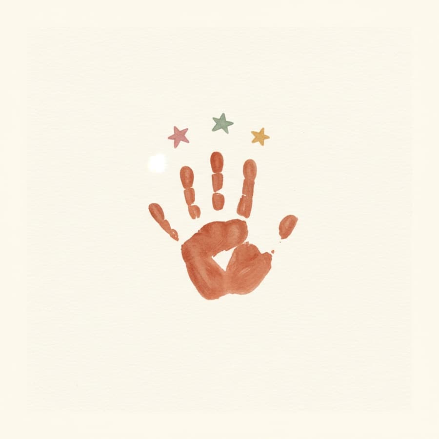 Watercolour of a child's painted handprint with three little stars
