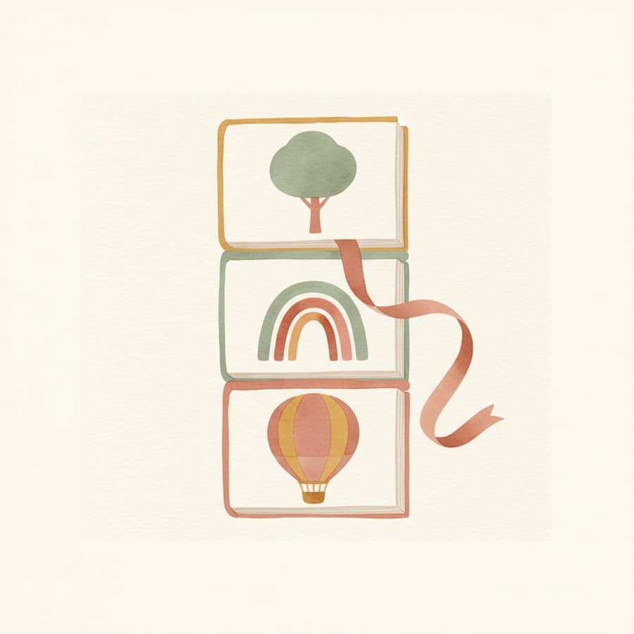 Watercolour of three play ideas stacked like cards